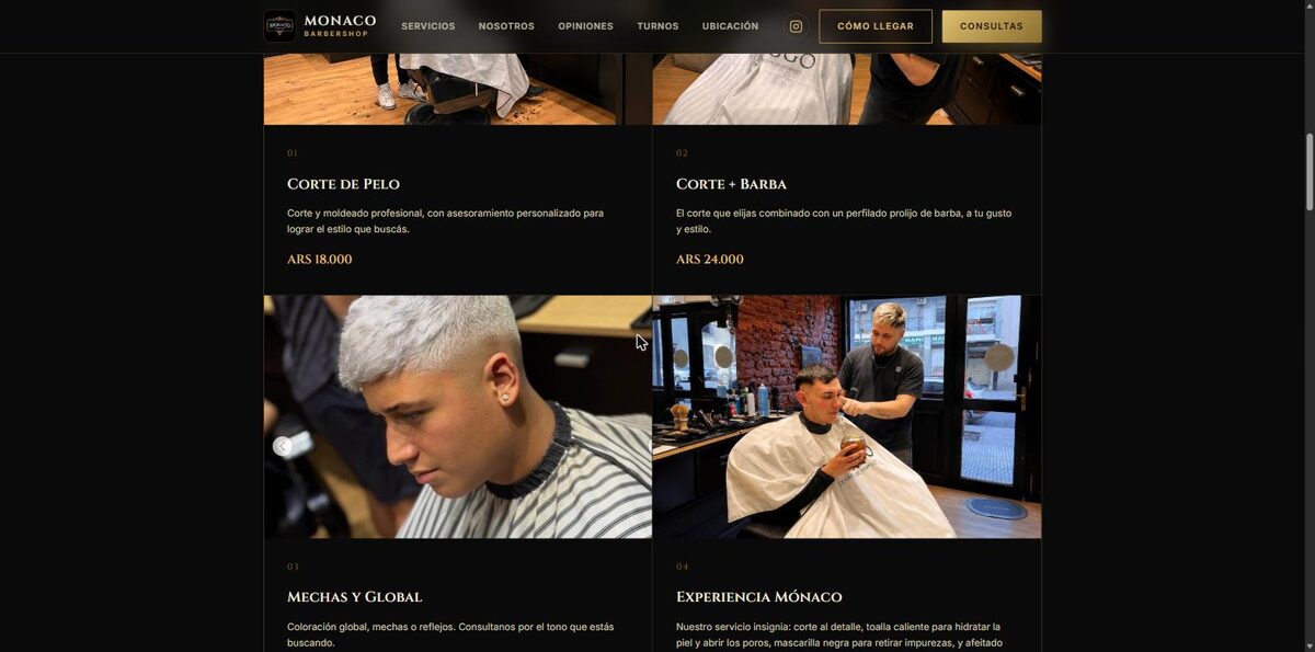 Sección de servicios y precios de Monaco Barbershop