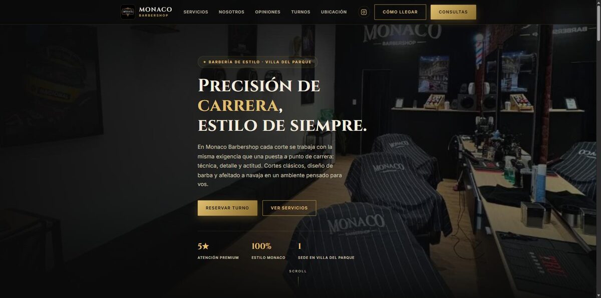 Hero de Monaco Barbershop con estadísticas de atención y ubicación