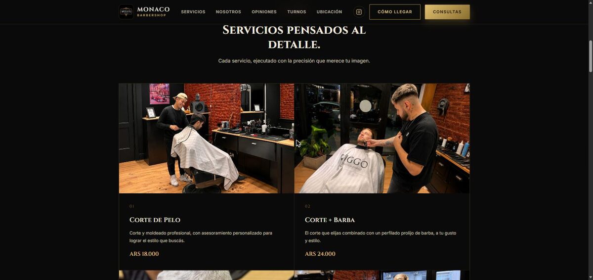Detalle de servicios de corte y barba con fotos del local de Monaco Barbershop