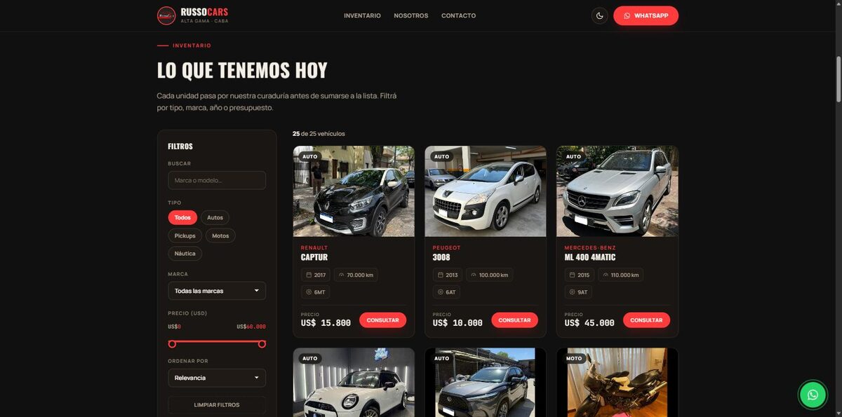Catálogo de inventario de RussoCars con filtros por tipo, marca y precio