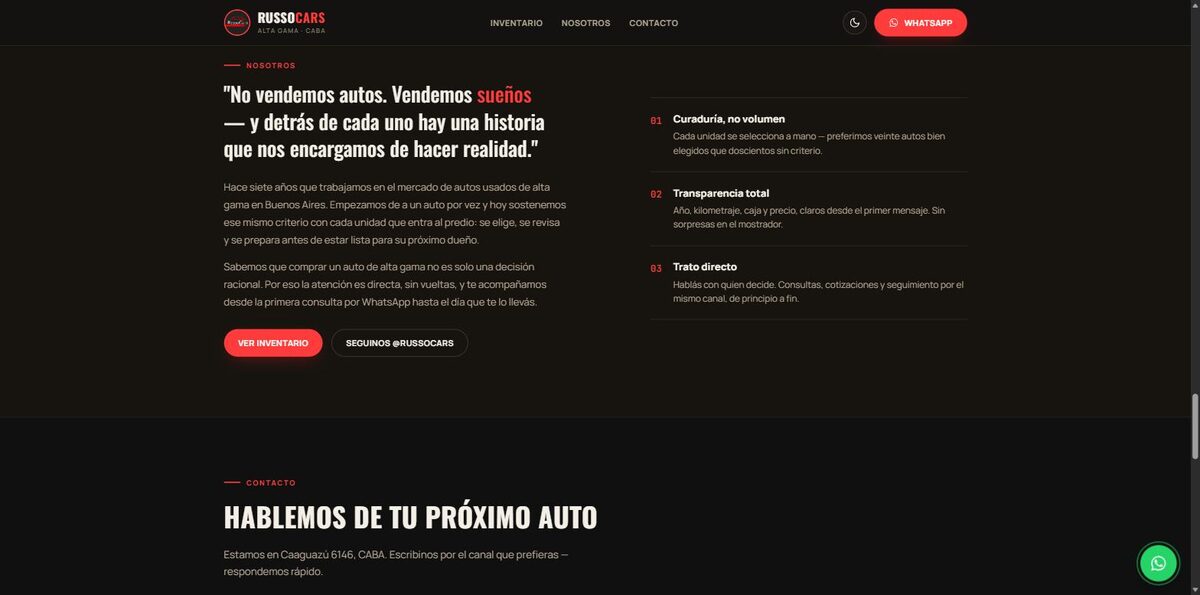 Sección Nosotros y Contacto de RussoCars con datos de WhatsApp y showroom